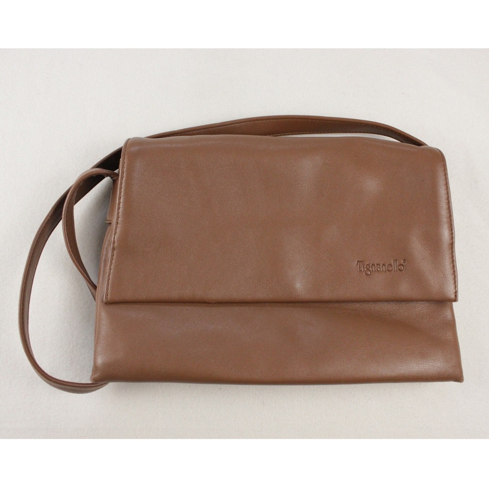 Tignanello‎ Brown Leather Shoulder Bag Minimal Flap Small Classic Purse